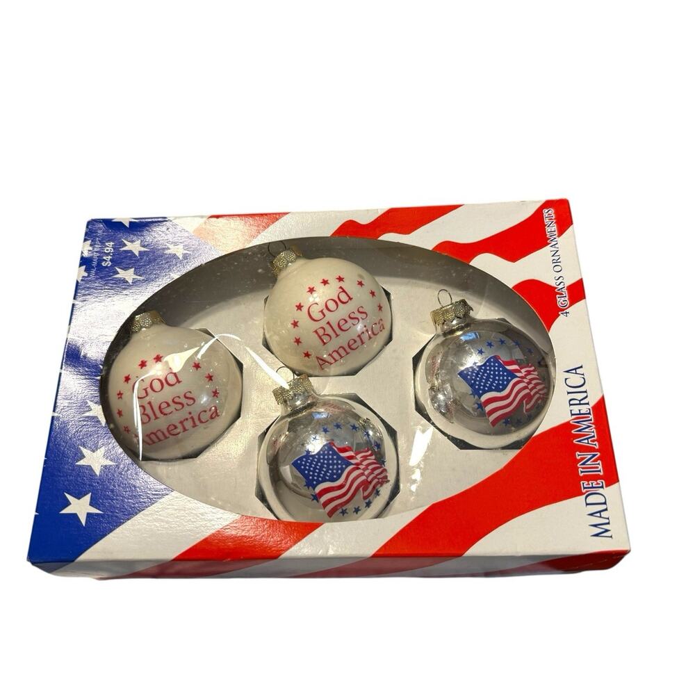 Box 4 God Bless America Patriotic Glass Christmas Ornaments Made USA 2.5" VTG
